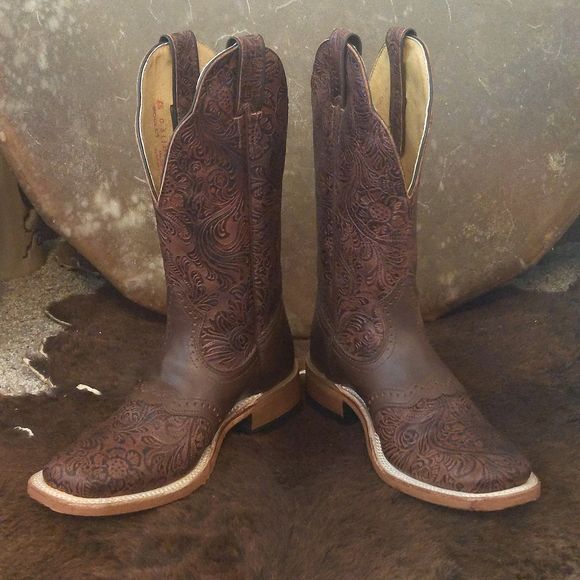 BOULET #2050 hand tooled Ranger Chestnut leather cowboy boots square toe 6.5 NEW - Picture 4 of 15